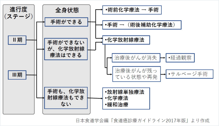 図5：食道がんの治療法の選択（II期・III期）